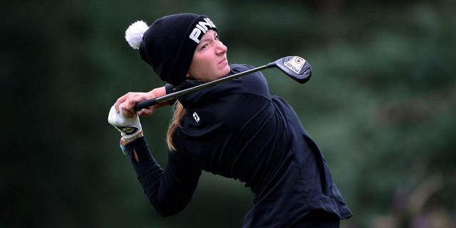 Carla Tejedo plays her tee shot on the 15th hole during the R&A Girls Amateur Championship at Panmure Golf Club on August 16, 2019 in Carnoustie, Scotland.