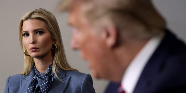 President Trump speaks arsenic his girl and elder advisor Ivanka Trump looks connected during a quality briefing.