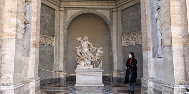 A visitor looks at the "Laocoon and his sons" sculpture in the Vatican Museums.