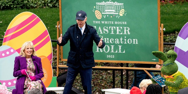 President Joe Biden and first lady Jill Biden participate in the annual Easter egg roll on the South Lawn of the White House in Washington, D.C., on April 18, 2022.