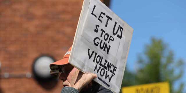 A protester holds a placard at a March for Our Lives rally at the Columbia County Courthouse. This year's March For Our Lives rally was held in Harrisburg, Pennsylvania, on the fifth anniversary of the shooting in Parkland, Florida, that killed 17.