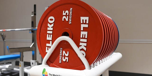 A stack of weights in the warm-up room in the men's middleweight weightlifting event at the World Games 2022 on July 09, 2022 at the Birmingham-Jefferson Convention Complex (BJCC) Concert Hall in Birmingham, TO THE. 