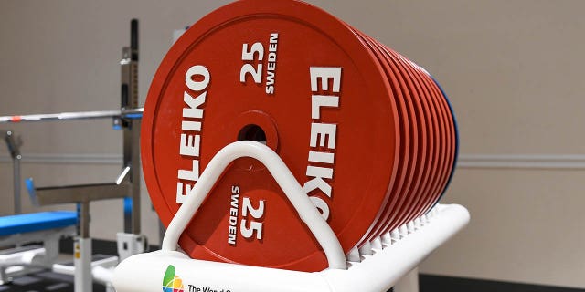 A stack of weights in the warm-up room at the Men's Middleweight Powerlifting event at The World Games 2022 on July 09, 2022 at Birmingham-Jefferson Convention Complex (BJCC) Concert Hall in Birmingham, AL.