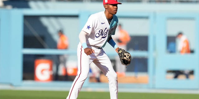 Darren Baker of the Wilmington Blue Rocks (Nationals) in the sixth inning of an MLB All-Star Futures game at Dodger Stadium in Los Angeles July 16, 2022.