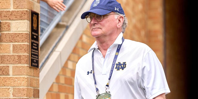 Notre Dame Athletic Director Jack Swarbrick looks on during the Notre Dame Spring Blue-Gold football game on April 23, 2022 at Notre Dame Stadium in South Bend, IN.