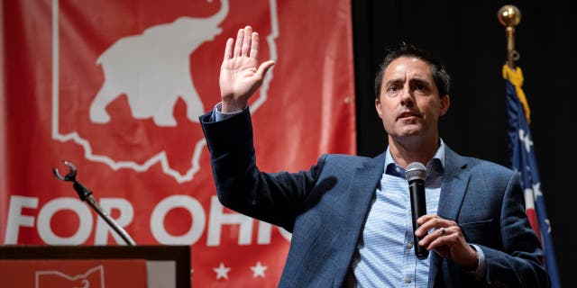 Ohio Secretary of State Frank LaRose speaks at a campaign stop at The Mandalay event center