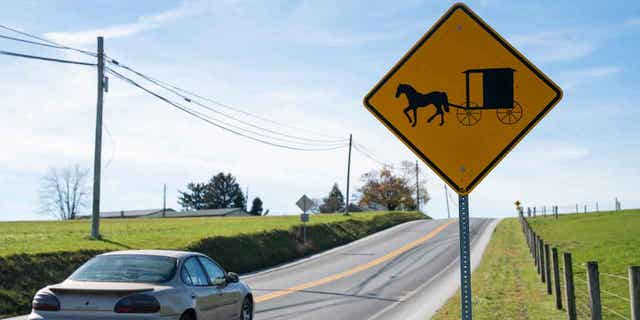 A sign alerting motorists to Amish horse-and-buggies is seen in Lancaster County, Pennsylvania. A buggy accident in Michigan killed two children and seriously injured a third.