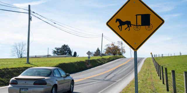 A sign alerting motorists to Amish horse-and-buggies is seen in Lancaster County, Pennsylvania. A buggy accident in Michigan killed two children and seriously injured a third.