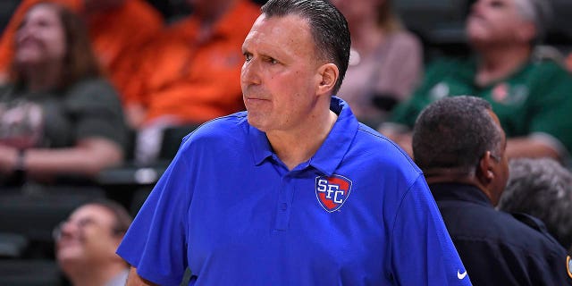 St. Francis head coach Glenn Braica reacts to a call during a Miami Hurricanes game on November 23, 2022 in Coral Gables, Florida.