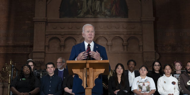 President Biden speaks while attending the 10th annual national vigil for all victims of gun violence at St. Mark's Episcopal Church in Washington, DC, USA, on Wednesday, December 7, 2022. 