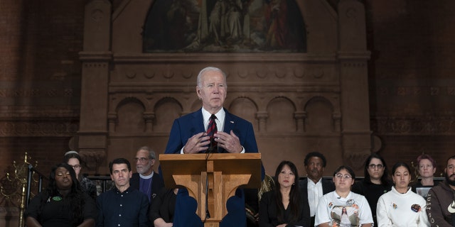 President Biden speaking while attending the 10th Annual National Vigil for All Victims of Gun Violence at St. Mark's Episcopal Church in Washington, D.C., on Wednesday, Dec. 7, 2022.