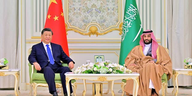 Chinese President Xi Jinping holds talks with Saudi Crown Prince and Prime Minister Mohammed bin Salman Al Saud at the royal palace in Riyadh, Saudi Arabia, Dec. 8, 2022.