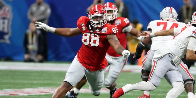 Georgia Bulldogs defensive lineman Jalen Carter, #88, during the college football Playoff Semifinal game at the Chick-fil-a Peach Bowl between the Georgia Bulldogs and the Ohio State Buckeyes on Dec. 31, 2022 at Mercedes-Benz Stadium in Atlanta.