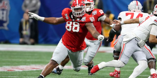 Georgia Bulldogs defensive lineman Jalen Carter, #88, during the college football Playoff Semifinal game at the Chick-fil-a Peach Bowl between the Georgia Bulldogs and the Ohio State Buckeyes on Dec. 31, 2022 at Mercedes-Benz Stadium in Atlanta.