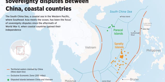 An infographic titled "South China Sea a hotbed of sovereignty disputes between China, coastal countries" created on Jan. 6, 2023.