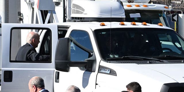 President Joe Biden speaks with Customs and Border Protection police on the Bridge of the Americas border crossing between Mexico and the U.S. in El Paso, Texas, on Jan. 8, 2023.