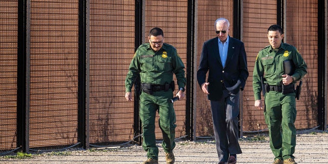 President Biden speaks with U.S. Customs and Border Protection officers as he visits the U.S.-Mexico border in El Paso, Texas, on Jan. 8, 2023.