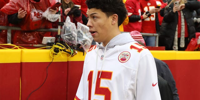 The brother of Kansas City Chiefs quarterback Patrick Mahomes (15), Jackson Mahomes, before an AFC divisional playoff game between the Jacksonville Jaguars and the Kansas City Chiefs on January 21, 2023, at GEHA Field at Arrowhead Stadium in Kansas City, MO. 