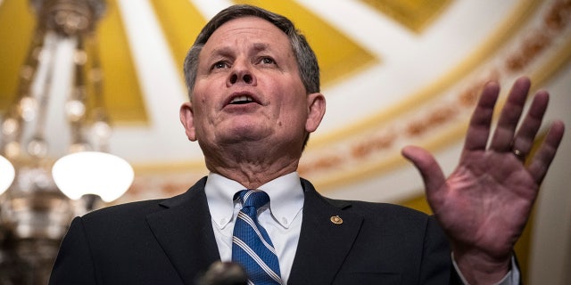 Sen. Steve Daines (R-MT) speaks during a news conference following a closed-door lunch meeting with Senate Republicans at the U.S. Capitol January 24, 2023 in Washington, DC.  (Photo by Drew Angerer/Getty Images)