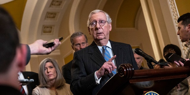 Sen. Mitch McConnell speaks during a news conference at the U.S. Capitol on January 31, 2023, in Washington, D.C.
