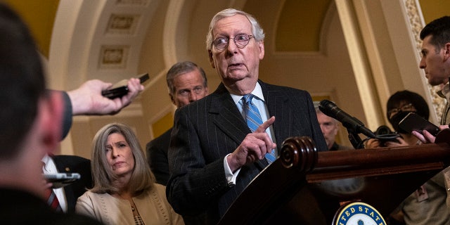 Sen. Mitch McConnell speaks during a news conference at the U.S. Capitol on January 31, 2023, in Washington, D.C.