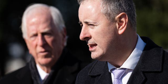 Rep. Mike Thompson, D-Calif., left, and Rep. Brian Fitzpatrick, R-Pa., hold a news conference outside the Capitol on the reintroduction of the Bipartisan Background Checks Act on Wednesday, February 1, 2023. (Bill Clark/CQ-Roll Call, Inc via Getty Images)