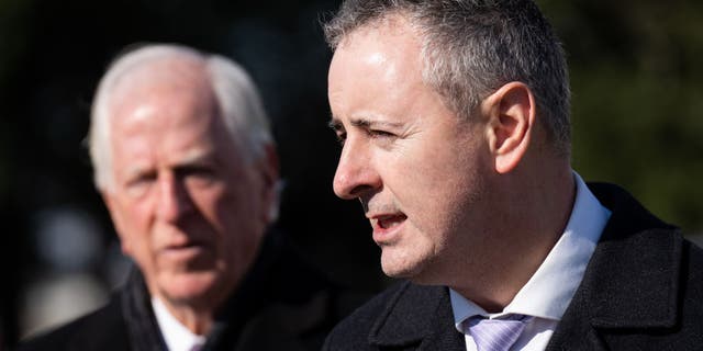 Rep. Mike Thompson, D-Calif., left, and Rep. Brian Fitzpatrick, R-Pa., hold a news conference outside the Capitol on the reintroduction of the Bipartisan Background Checks Act on Wednesday, February 1, 2023. (Bill Clark/CQ-Roll Call, Inc via Getty Images)