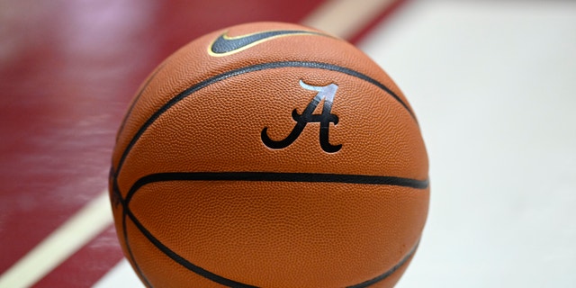 A general view of a basketball with the logo of Alabama vs. LSU during the game at Coleman Coliseum.  Tuscaloosa, Alabama, January 14, 2023.