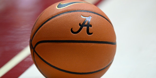 A general view of a basketball with the logo of Alabama vs. LSU during the game at Coleman Coliseum.  Tuscaloosa, Alabama, January 14, 2023.