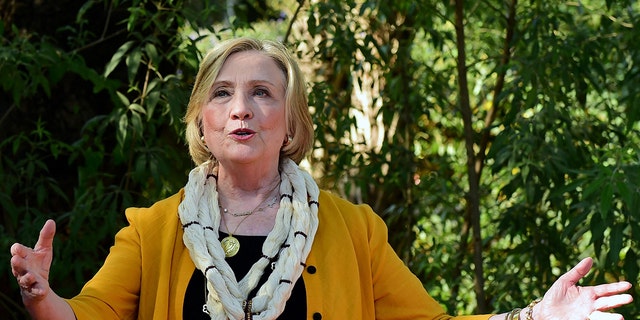 Former US Secretary of State Hillary Clinton speaks during her visit at the Victoria Garden in Ahmedabad on February 5, 2023. 