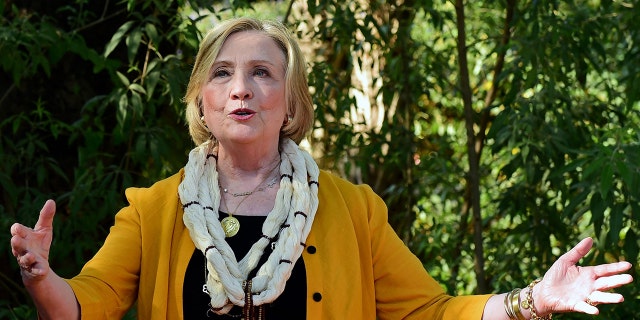 Former US Secretary of State Hillary Clinton speaks during her visit at the Victoria Garden in Ahmedabad on February 5, 2023. 