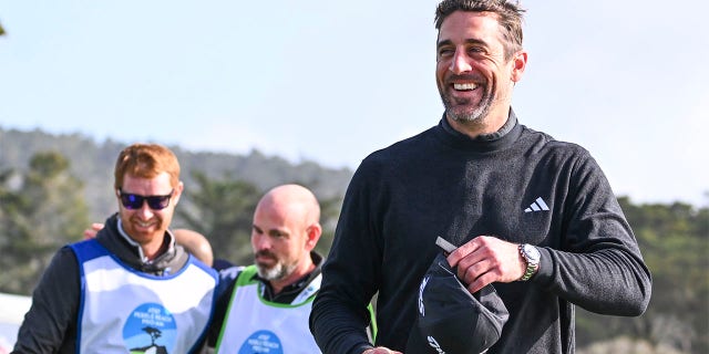 Green Bay Packers quarterback, Aaron Rodgers, wins the amateur portion during the continuation of the third round of the AT&T Pebble Beach Pro-Am at Pebble Beach Golf Links on February 5, 2023 in Pebble Beach, California.