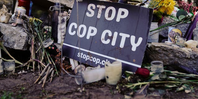 A sign near the construction site of a police training facility that activists have nicknamed "Cop City" near Atlanta, Georgia, on Feb. 6.
