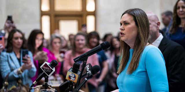 Arkansas Gov. Sarah Huckabee Sanders unveils the Arkansas LEARNS education bill at the Arkansas State Capitol in Little Rock on Feb. 8, 2023. A state House panel endorsed Sanders' plan to overhaul the state's education system.
