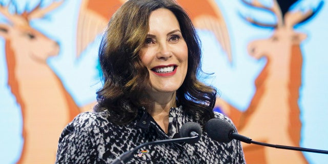 Michigan Gov. Gretchen Whitmer speaks at a press conference in Marshall, Michigan, on February 13, 2023, in Romulus, Michigan.