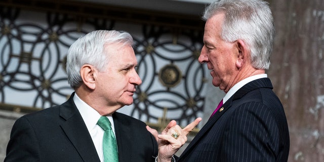 Chairman Jack Reed, D-R.I., left, and Sen. Tommy Tuberville, R-Ala., attend the Senate Armed Services Committee hearing on Global Security Challenges and Strategy, in Dirksen Building, February 15, 2023.