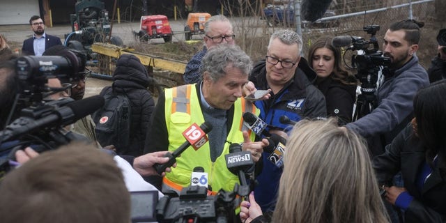 Senator Sherrod Brown, a Democrat from Ohio, speaks to members of the media in East Palestine, Ohio, on Thursday, Feb. 16, 2023.