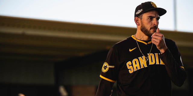 Joe Musgrove of the San Diego Padres performs a bullpen session at the Peoria Sports Complex on February 15, 2023 in Peoria, Arizona.