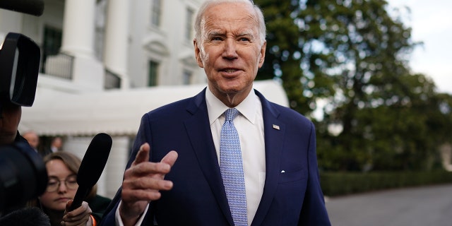 US President Joe Biden speaks to members of the media before boarding Marine One on the South Lawn of the White House in Washington, DC, US, on Friday, Feb. 24, 2023. 