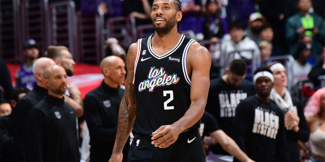 Kawhi Leonard of the LA Clippers smiles during a game against the Sacramento Kings Feb. 24, 2023, at Crypto.Com Arena in Los Angeles. 