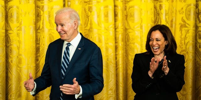 President Joe Biden and Vice President Kamala Harris during a reception celebrating Black History Month at the White House on Monday, Feb. 27, 2023.