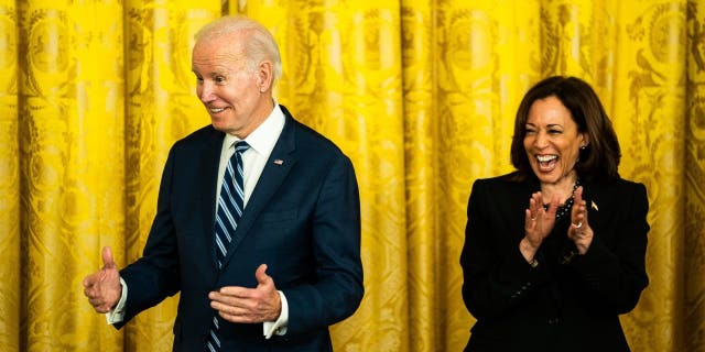 President Joe Biden and Vice President Kamala Harris during a reception celebrating Black History Month at the White House on Monday, Feb. 27, 2023.