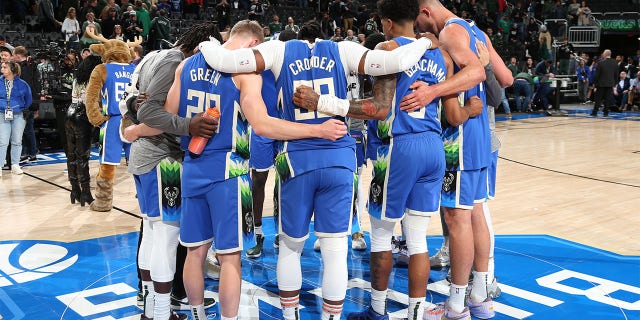 The Milwaukee Bucks huddle after a game against the Orlando Magic March 1, 2023, at the Fiserv Forum Center in Milwaukee. 