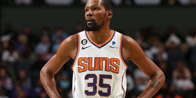 Kevin Durant of the Phoenix Suns during a game against the Charlotte Hornets March 1, 2023, at Spectrum Center in Charlotte, N.C.