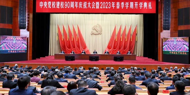 Xi Jinping, general secretary of the Communist Party of China CPC Central Committee, also Chinese president and chairman of the Central Military Commission, addresses a meeting marking the 90th anniversary of the Party School of the CPC Central Committee and the opening ceremony of its 2023 spring semester in Beijing March 1, 2023.