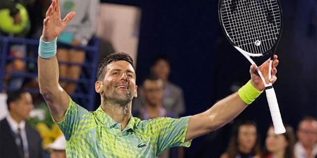 Serbian Novak Djokovic reacts after his match against Poland's Hubert Hurkacz (not pictured) during their Dubai Duty Free Tennis Championship in Dubai on March 2, 2023. 