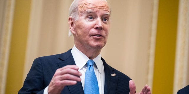 UNITED STATES - MARCH 2: President Joe Biden addresses the media after the Democrats senate luncheon in the U.S. Capitol on Thursday, March 2, 2023. (Tom Williams/CQ-Roll Call, Inc via Getty Images)