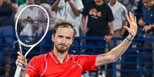 Daniil Medvedev of Russia celebrates his victory at the end of the men's quarterfinal match at the Dubai Duty Free Tennis Championships in Dubai, United Arab Emirates, on March 3, 2023. 