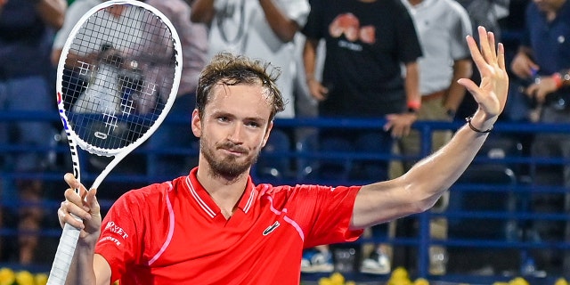 Daniil Medvedev of Russia celebrates his victory at the end of the men's quarterfinal match at the Dubai Duty Free Tennis Championships in Dubai, United Arab Emirates, on March 3, 2023. 