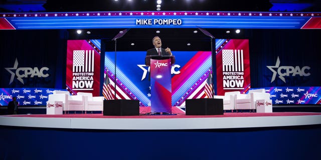 Mike Pompeo speaks during the Conservative Political Action Conference in National Harbor, Md., Friday, March 3, 2023.